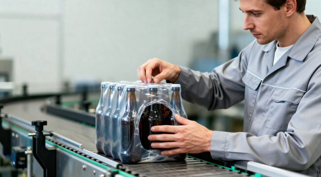Factory worker inspecting shrink-wrapped beer bottles on conveyor belt in packaging plant