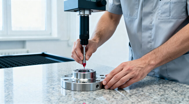Technician measuring metal flange with tactile probe on granite cmm table for quality control