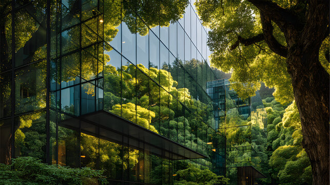 Exemplifying the ESG - Environmental, Social, Governance concept, a corporate glass building facade reflects green trees. Importance of integrating sustainability into business practice. Generative AI
