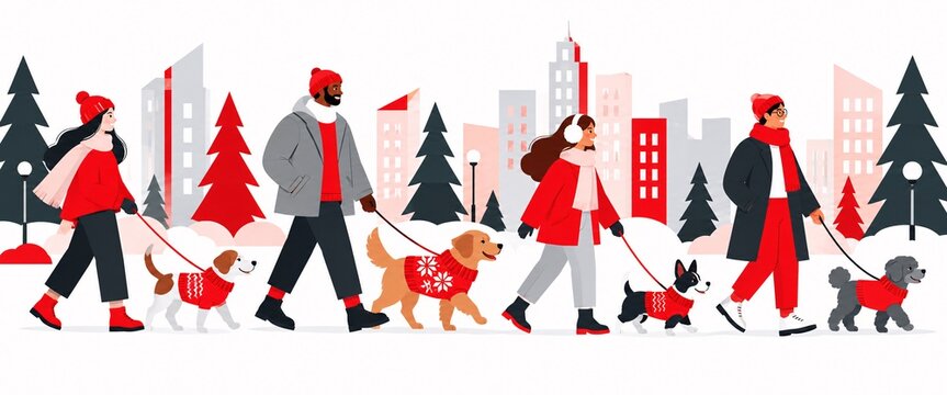 People walking dogs in snowy city, flat vector illustration of winter park scene with red clothing