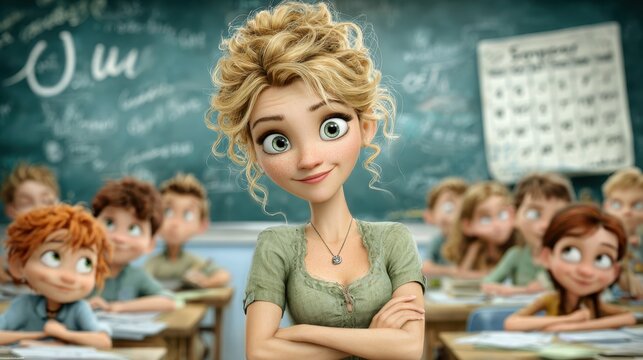 Cartoon Teacher Smirk Teach Class Students Elementary Education Concept