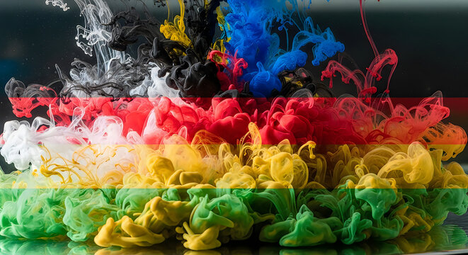 Vibrant colorful ink clouds swirling in water for a creative national day celebration background and artistic graphic design