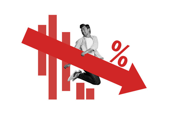 Trend artwork sketch montage 3D collage of young man jump hold arrow percent crisis loss reduction budget business economy savings trade