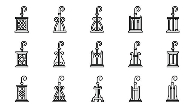 Set of fifteen christian bishop crosier staff icons in minimalist