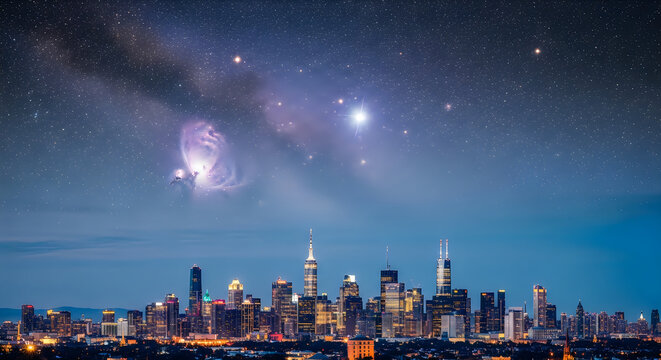 Stunning nighttime cityscape view perfect for celebrating a national day under the beautiful glowing milky way galaxy
