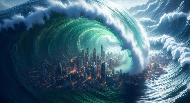 A dramatic cinematic depiction of a massive tsunami wave threatening a modern city during national day celebrations