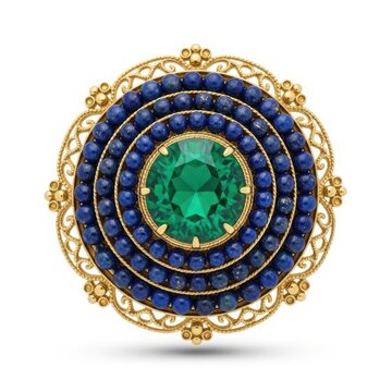 Vintage brooch with green gemstone and blue beads