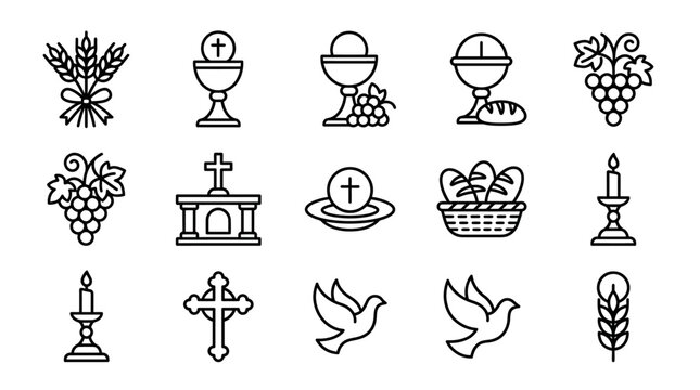 Set of christian eucharist and first communion line icons for