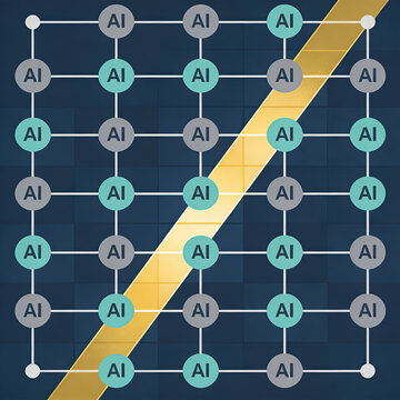 Ethical AI as a structured grid with a highlighted clear pathway flowing through it, explicit metaphor for fair and unbiased decision processes, muted professional palette