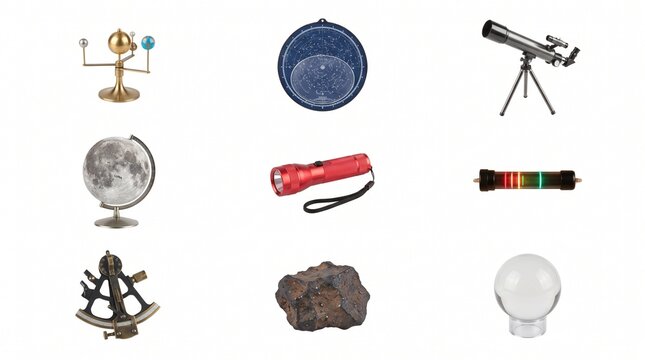 Collection of Astronomy and Science Tools Isolated on White Background for Educational and Commercial Use