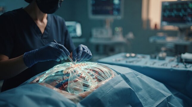 Surgeon Performing Advanced Laparoscopic Surgery on Human Torso with Transparent Anatomy Overlay for Medical Education and Research