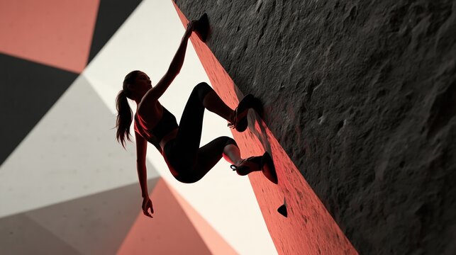 Female climber ascending modern indoor bouldering wall low angle