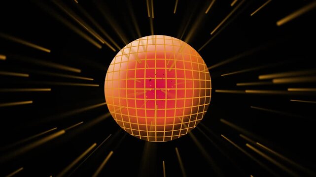 Glitzy orange gold disco sphere spinning in dark space with shining light streaks and glowing reflections for music video projection led wall party venue background seamless loop render
