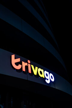 Dusseldorf, North Rhine-Westphalia, Germany, September 27, 2026: Headquarter of trivago in D&uuml;sseldorf Medienhafen by night shows Logo of the travel management company for international travel and holi