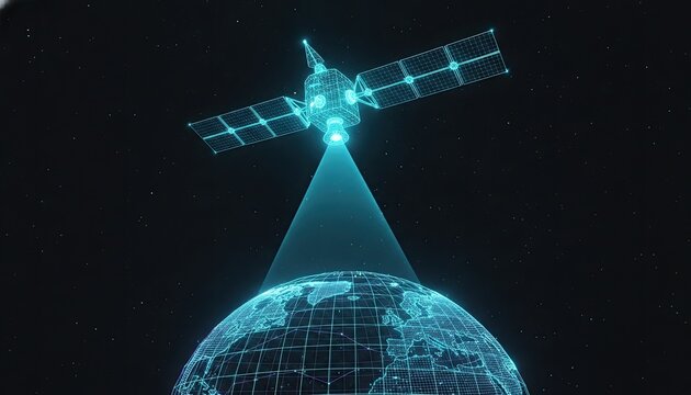Low orbit satellite transmits data signal beam to the blue wireframe planet Earth model suspended in deep space digital environment.
