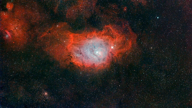 The Lagoon Nebula (catalogued as Messier 8 or M8, NGC 6523, Sharpless 25, RCW 146, and Gum 72) is a giant emission nebula with an H II region located in the constellation Sagittarius. 