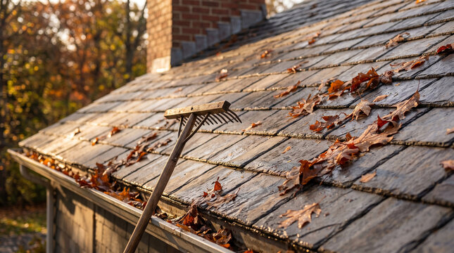 Autumn leaf removal with rake on house roof during fall season  