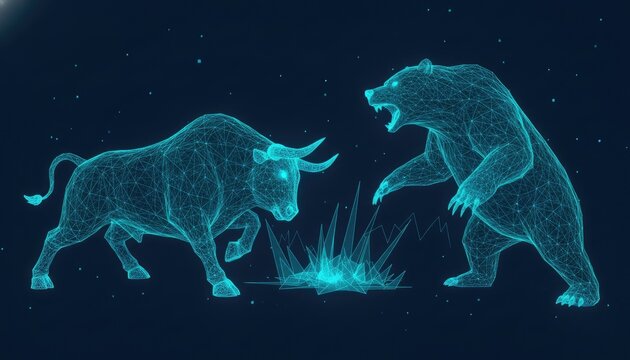 Bull and bear market forces confront each other with energy crackling between them to symbolize financial opposition and market volatility.