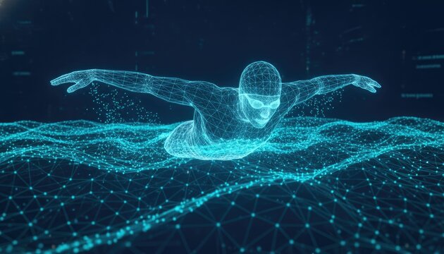 Swimmer performing the butterfly stroke in a digital sea of glowing wireframe mesh is rendered as a blue computational model of human motion.