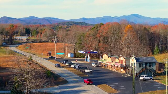 Charming roadside stop at Appalachian mountains foothills in Long Creek, South Carolina. Gas pump, general store and historic community hub.