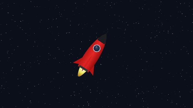 Red cartoon rocket flying through dark outer space with glowing fire tail motion graphics loop