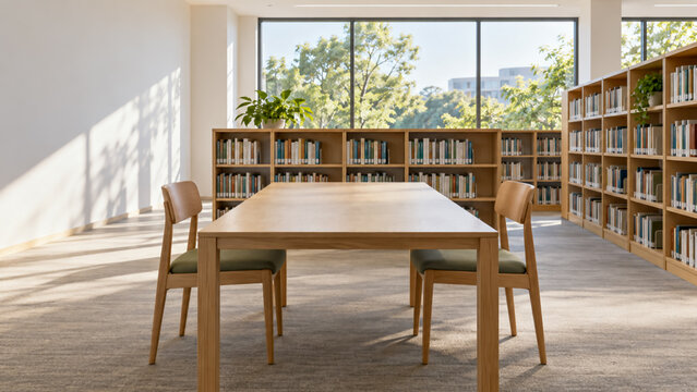 日差しが差し込む図書館の閲覧室と木製テーブル