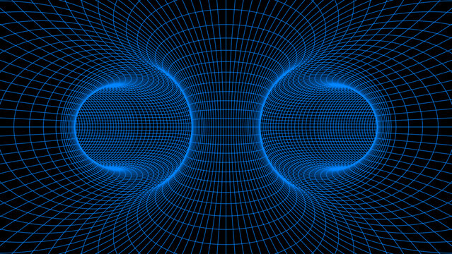 Wireframe wormhole spacetime distortion tunnel grid. Abstract cyber portal mesh, digital perspective line physics, science astronomy concept, dynamic network structure graphic design background