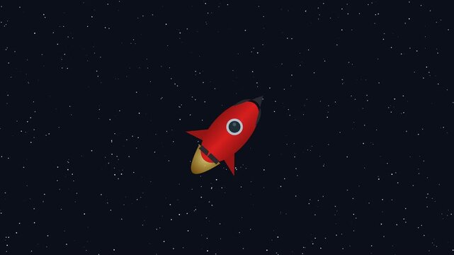 Cartoon Style Red Rocket Ship Flying Through Deep Space Against Dark Starry Background Animation