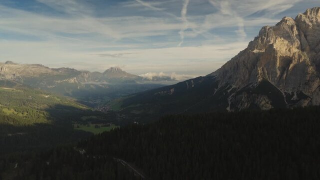 An aerial view of a wide valley near San Ciascian, Italy