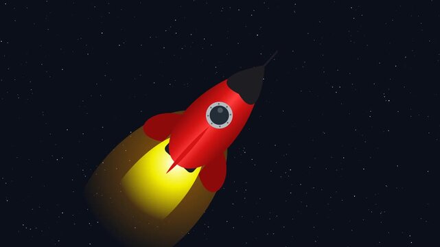 Red cartoon rocket ship flying through dark outer space with glowing propulsion flame animation