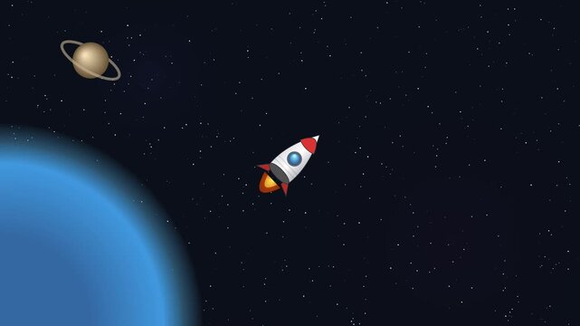Cartoon Rocket Ship Flying Through Deep Space Near Planets and Stars Animation
