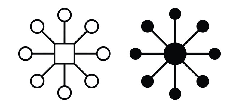 Centralized network node hub vector icon featuring star topology, central server distribution, system architecture, data links, connectivity, and communication