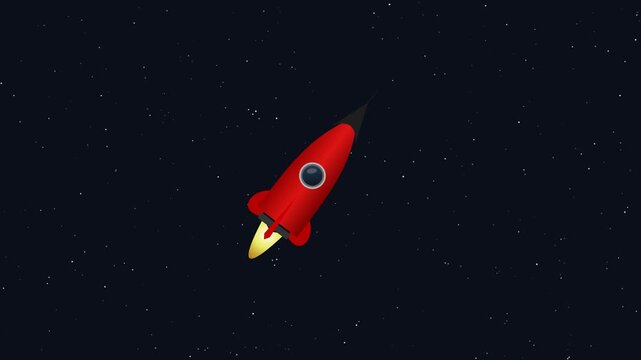 Red cartoon toy rocket flying through deep outer space with stars in background 3d animation