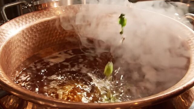Hops Falling Into Copper Brewing Pot, Creating a Swirling Motion. Beer Making Process, Close-Up of Craft Brewing.