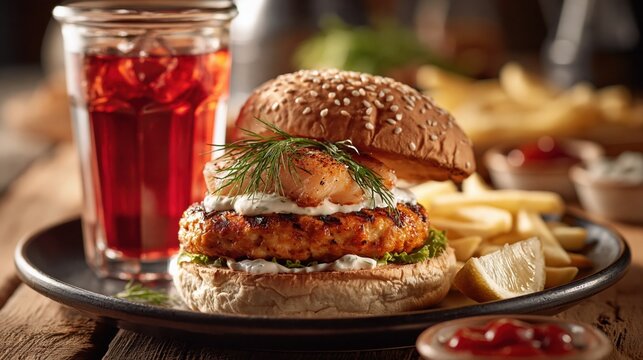 Salmon burger with dill sauce sits beside golden fries. Sesame bun, lemon wedge, and red drink appear on a rustic table. Gourmet seafood lunch concept for restaurant menu design.