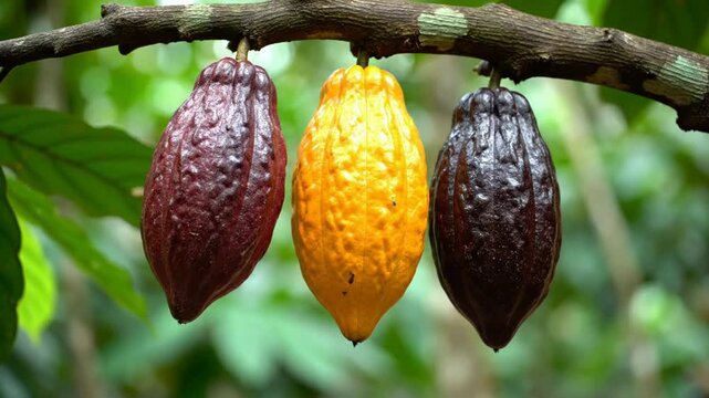 Three colorful ripe cacao pods hanging on tree branch in plantation tropical rainforest agriculture harvest