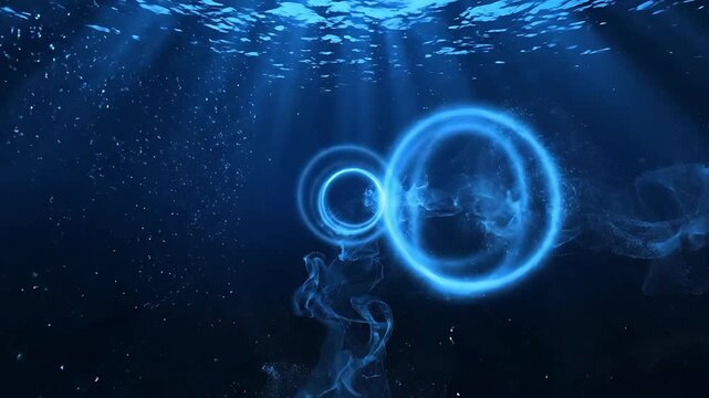 Underwater Glowing Rings Expanding and Contracting in a Deep Blue Ocean Environment. Animated Light Circles Looping Seamlessly.