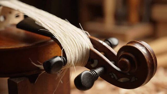 Violin Strings Winding Smoothly Around the Tuning Pegs, Demonstrating a Close-Up Stringing Process Featuring Musical Instrument, Craftsmanship