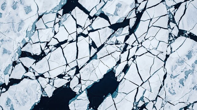 Aerial view of cracked sea ice floes floating on dark arctic ocean water