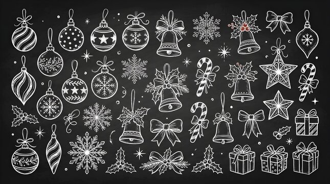Set of christmas ornaments, bells, snowflakes, candy canes, bows, and gift boxes drawn in white chalk on a black chalkboard background, festive holiday vector illustration