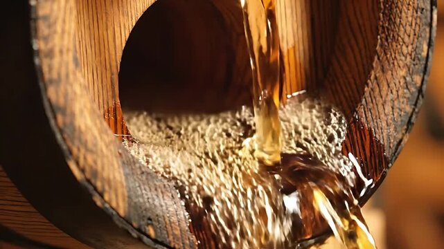 Whiskey Pouring From Wooden Barrel, Showcasing a Slow, Amber Liquid Flow and Rich, Aged Texture. Elegant Drink Footage.