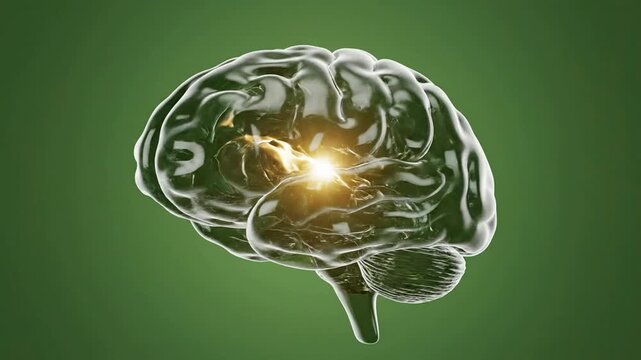 3D transparent glass human brain with glowing core activity for neuroscience, mental health, and medical research