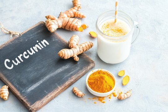 Curcumin written on a chalkboard with fresh turmeric roots and a glass of turmeric latte with a straw on a light textured surface