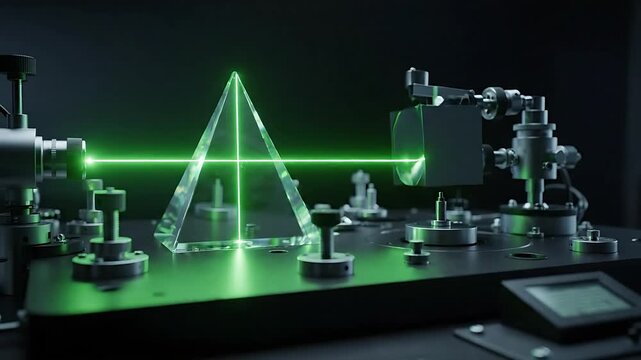 Laser Beams Refracting Through Prisms and Optics Equipment in a Laboratory Setup, Dynamically Shifting and Converging.