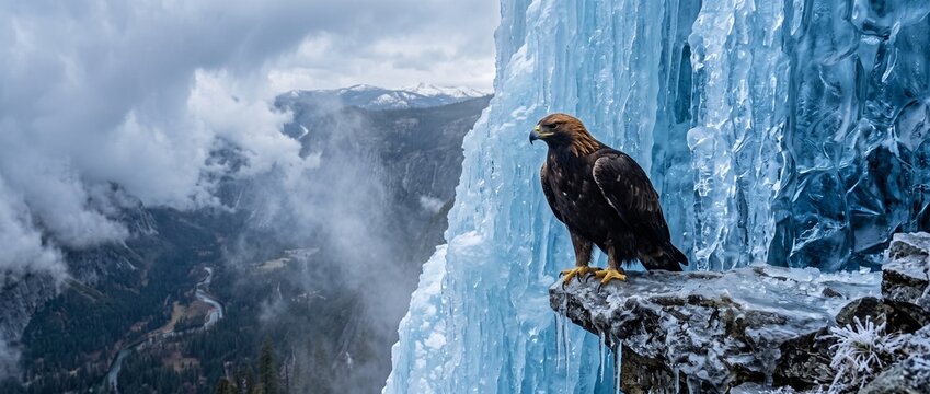Majestic Eagle Perched on Icy Ledge: A magnificent golden eagle with keen eyes surveys its domain from a precarious perch on a snow-dusted rock, beside a dramatic wall of blue ice.
