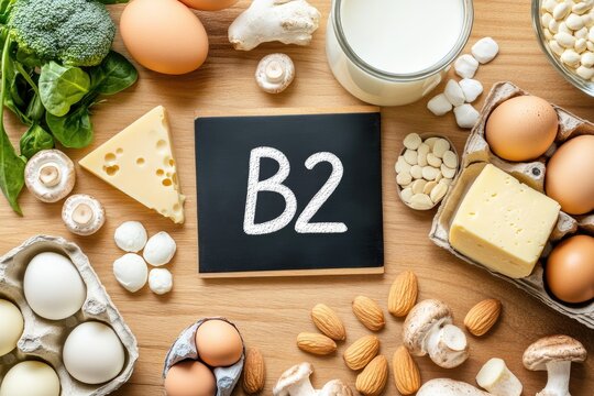 Assorted healthy food ingredients including eggs, cheese, spinach, and nuts arranged on a wooden surface with a chalkboard displaying the letter B2