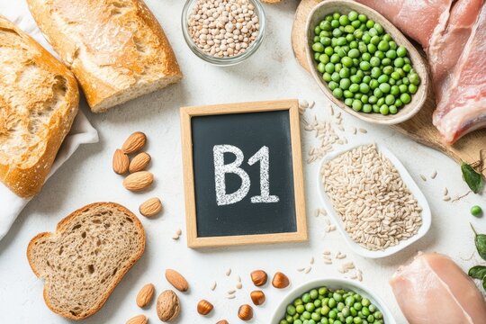 Ingredients for a balanced diet featuring grains, legumes, vegetables, and meats arranged around a small blackboard labeled B1 on a light surface