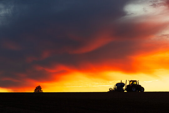 Ein Baum und ein Traktor am Horizont im Abendrot