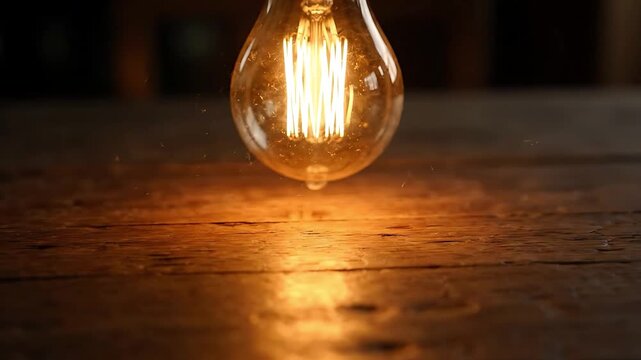 Glowing Lightbulb Slowly Rotating on a Wooden Surface, Creating a Warm, Inviting Ambiance. Cinematic 4k Footage.