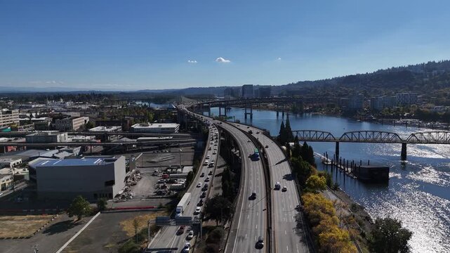 Interstate 5 Freeway and Traffic Along Willamette River in Portland Oregon 4K Aerial Drone Video